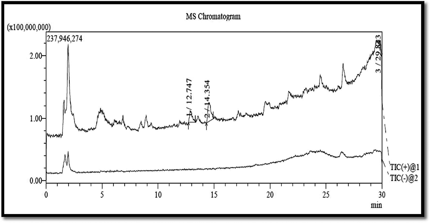 MS chromatogram of ethanolic extract of Nelumbo nucifera seed. MS, mass spectrometry.