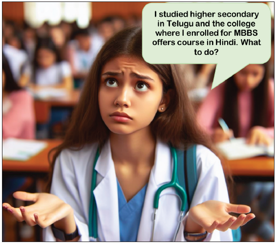 A girl’s confusion about utility of vernacular medical education in India. Source: Part of the image was generated by artificial intelligence—Microsoft Image Creator from Designer on January 22, 2024, with authors’ text input.