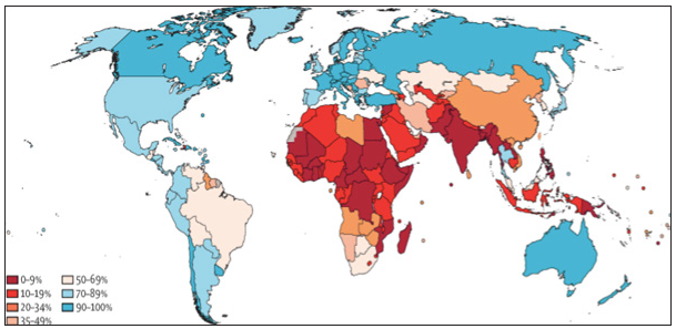 Countrywise ever in lifetime cervical cancer screening coverage in women aged 30–49 years. Source: https://hpvcentre.net