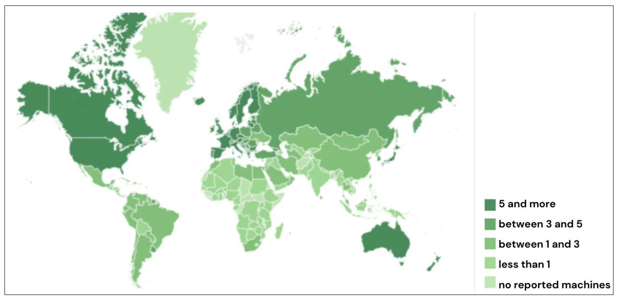 Global map of radiotherapy machine distribution. Source: The IAEA Directory of Radiotherapy Centres (DIRAC) https://dirac.iaea.org. Accessed on Nov 9, 2024. IAEA: International Atomic Energy Agency