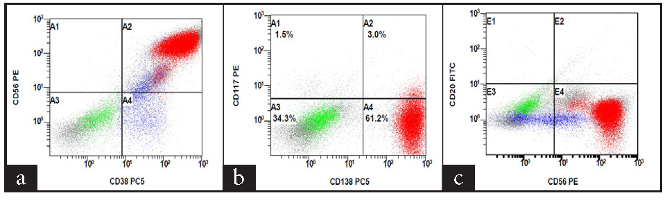 Flow cytometry scatter plots showing (a) CD38, (b) CD138, (c) CD56 positivity.