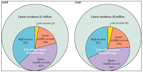 Growth in cancer incidence and chemotherapy demand between 2018 and 2040 stratified by income level. Source: https://www.thelancet.com/journals/lanonc/article/PIIS1470-2045(19)30163-9/abstract
